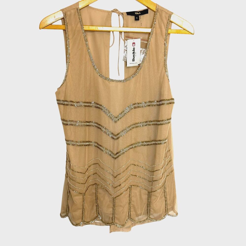 Buckle Sheer Mesh Lined Back Tie Tan Gold Beaded Tank Top Size Small NWT‎